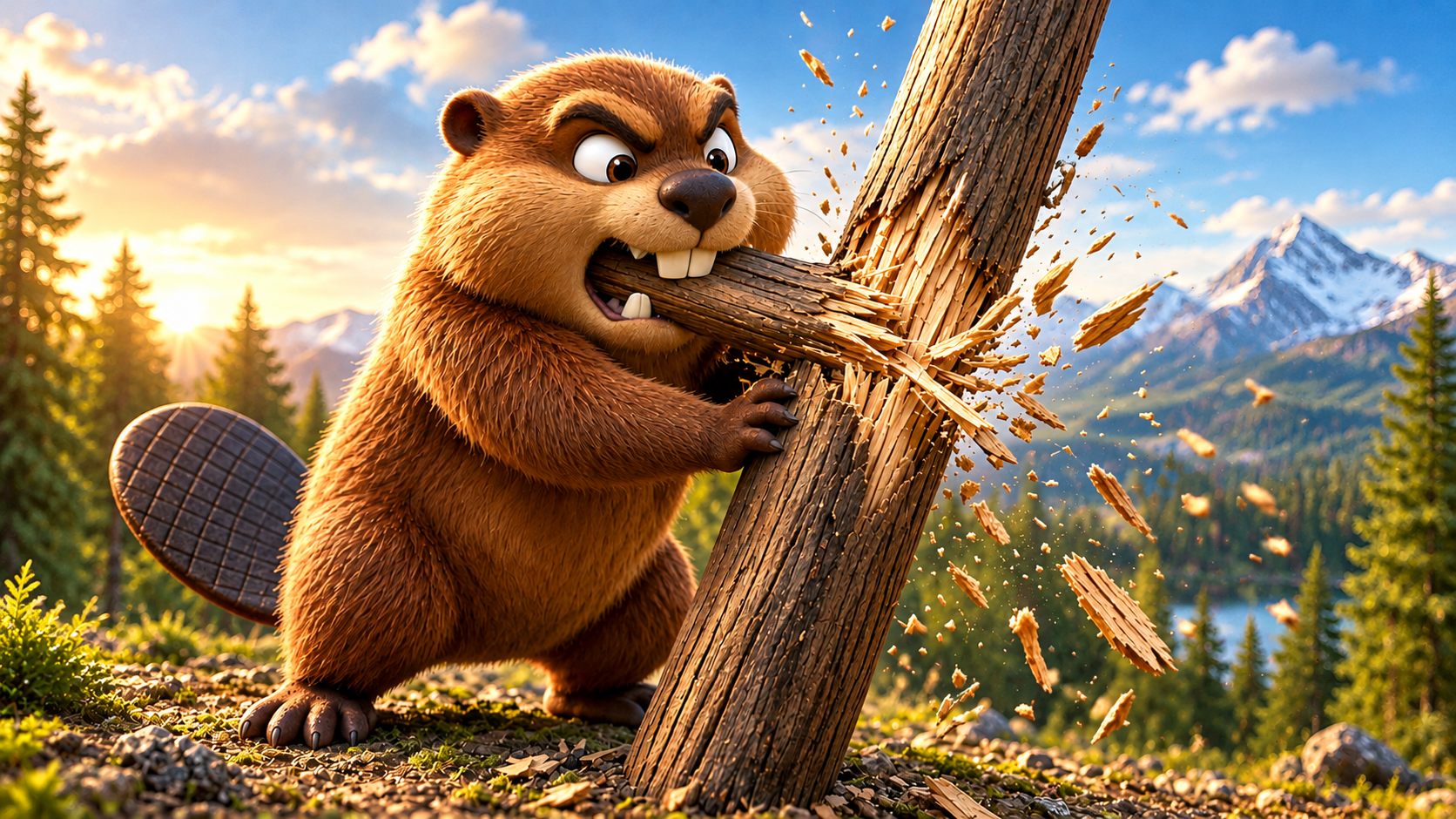 Rebel Beaver chopping timber in the mountains